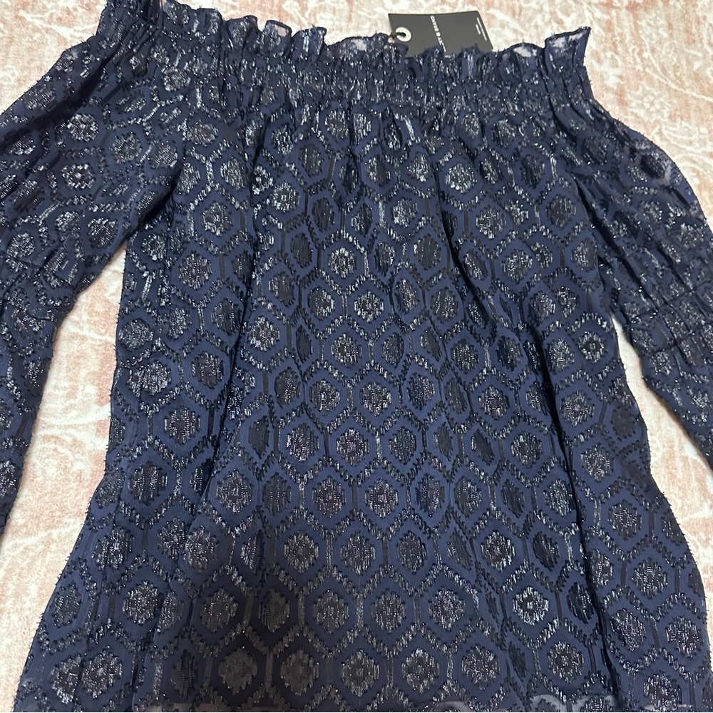 NWT Lucky Brand Off-Shoulder Metallic Patterned Balloon Sleeve Top - Picture 2 of 11